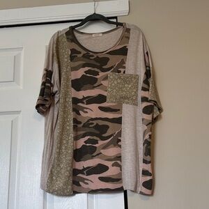 ODDY Pink and Olive Green Camo Patchwork Short Sleeve Tee